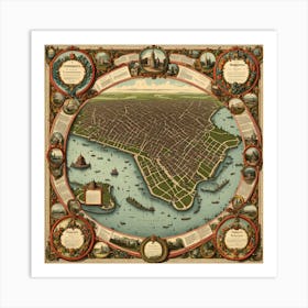 A Vintage Map, Of A Historic City With Ornate Borders And Labels art print 6 Art Print