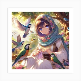 Anime Girl With Birds 2 Art Print