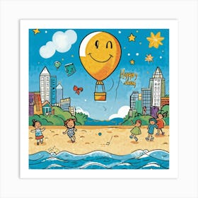 Cartoon Illustration Of A Hand Drawn Balloon Adorned With A Happy Face Floating Over A Bustling Beac (1) Art Print