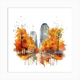 Autumn City Watercolor Painting Art Print