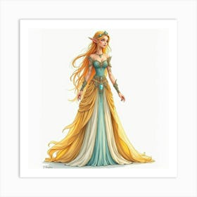 Beautiful Elven Princess With A Jeweled Gown, Watercolor 1 Art Print