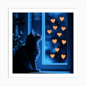 Dreamy Night Sky with Heart Stars Cat 14 Art Print