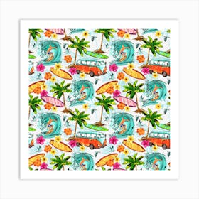 Surfing Pattern Palm Trees Seamless Art Print