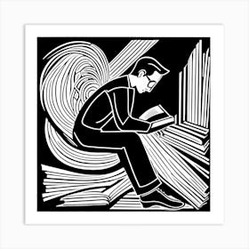 Reading A Book Linocut Black And White Painting, 322 Art Print