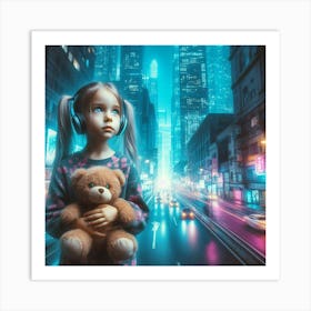 Little Girl With Headphones And Teddy Bear Art Print