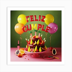 Feliz cumple and Feliz cumpleaños sign means Happy Birthday in Spanish language, Birthday party celebration gift with birthday cake candle colorful balloons best congratulation over light background wall artFeliz Cumple 56 Art Print