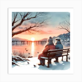 Couple Sitting On A Bench Art Print