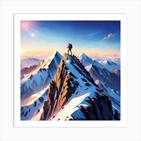 Mountaineer Standing On Top Of Mountain Art Print