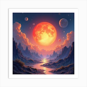 Bright Watercolor Suns Setting Over An Otherworldly Space Landscape 1 Art Print