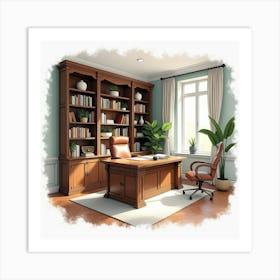 Sophisticated Law Office In Watercolor, With Wooden Bookshelves And Modern Decor 1 Art Print