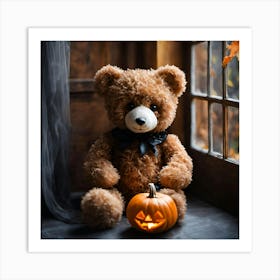 Teddy With Halloween Pumpkin Art Print