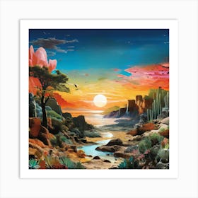 Sunset In The Desert, A Vibrant Collage Of Different Ecosystems Deserts Forests Oceans Seamlessly Blending Together 1 Art Print