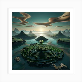 Surreal 3d Fantasy Landscape With Terraced Rice Fields At Sunrise Art Print