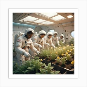 Astronauts Tending To Plants In A Space Station Garden Art Print