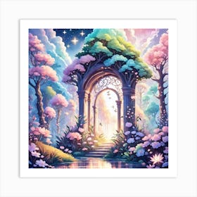 A Fantasy Forest With Twinkling Stars In Pastel Tone Square Composition 112 Art Print