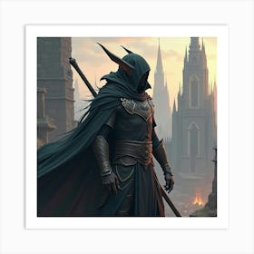 Dark Elf Warrior In A City Of Towering Spires 1 Art Print