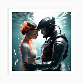 3d Dslr Photography Couples Inside Under The Sea Water Swimming Holding Each Other, Cyberpunk Art, By Krenz Cushart, Both Are Wearing A Futuristic Swimming With Helmet Suit Of Power Armor 5 Art Print