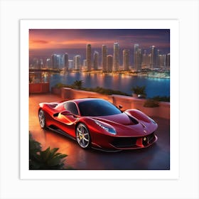 Ferrari Car Parked In Front Of Miami Skyline Art Print