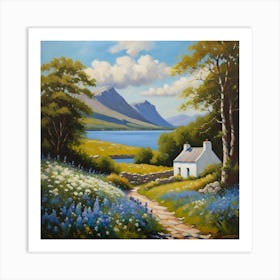 A Scottish cottage by a loch Art Print