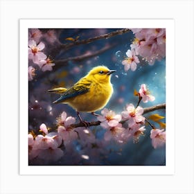 A Yellow Bird in the Spring Rain with Cherry Blossom Art Print