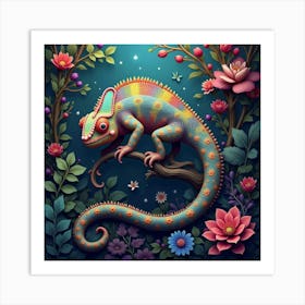 A Whimsical Chameleon With A Tail Of Cascading, Fractal Colors Blending Into A Surreal Jungle Art Print