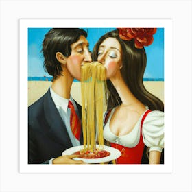 Kissing Couple With Spaghetti Art Print