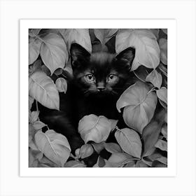 Black and White Black Cat In Leaves 5 Art Print