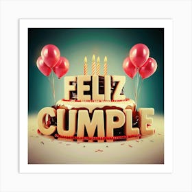 Feliz cumple and Feliz cumpleaños sign means Happy Birthday in Spanish language, Birthday party celebration gift with birthday cake candle colorful balloons best congratulation over light background wall artFeliz Cumple 35 Art Print