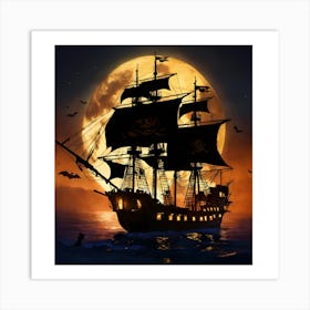 Pirate Ship At Night Art Print