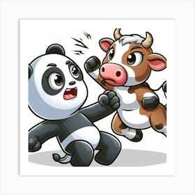 Panda And Cow Fighting Art Print