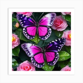 Pink Butterflies On Roses Art Print