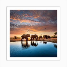 Elephants At Sunset By The Watering Hole 1 Art Print