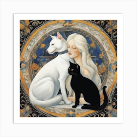 White Cat And A Black Dog Art Print