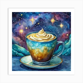 Watercolor Painting Of A Coffee Cup Against A Starry Sky Art Print