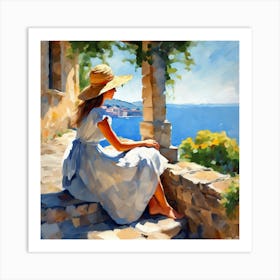 Sunny Day In Italy Impressionist Portrait Of A Woman By The Sea (3) Art Print