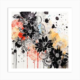 Black And White Flowers, Abstract Floral Painting, Abstract Floral Painting, Design An Eclectic Collage With Overlapping Layers Of Lace Watercolor Splatters And Black Art Print