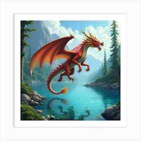 A Vibrant Dragon Circling Above A Crystal Clear, Enchanted Lake 1 Art Print