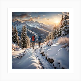 Hikers On A Snowy Mountain Path Art Print