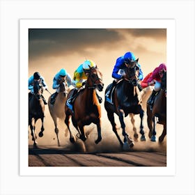 Jockeys Racing Horses At The Racetrack Art Print