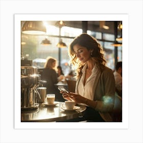 Modern Woman Engages With A Sleek Smartphone At A Bustling Coffee Shop Surrounded By The Hazy Glow (5) Art Print