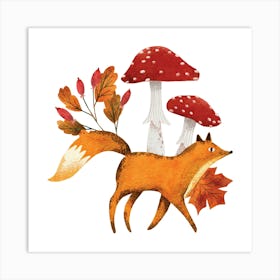 Walking Fox And Mushrooms Art Print