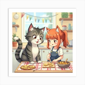 A Maine Coon And A Girl Decorating Cookies In A Cheerful Kitchen, Watercolor Art Print