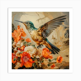 Stunning Hummingbird with Vibrant Orange Flowers – Nature Art Print for Home Décor Art Print