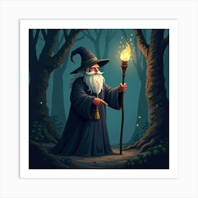 A Wizard Holding A Glowing Staff In A Darkened Forest 1 Art Print