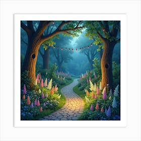 Fairy Lights Illuminating A Magical Garden, Watercolor 1 Art Print