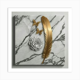 Gold Feather And Flower On Marble Art Print