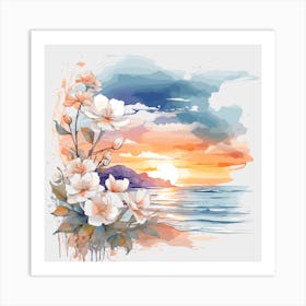 beach view With Flowers and sunset Art Print