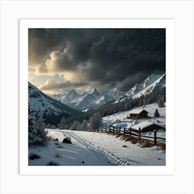 Illustration Of Winter Snowfall In A Mountainous Landscape Art Print