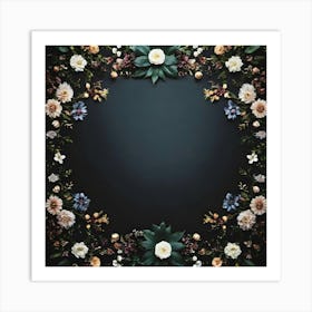 Floral Frame On Black Background Art Print