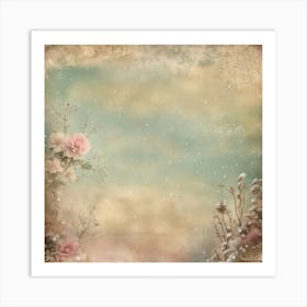 Snowy Background With Roses Art Print